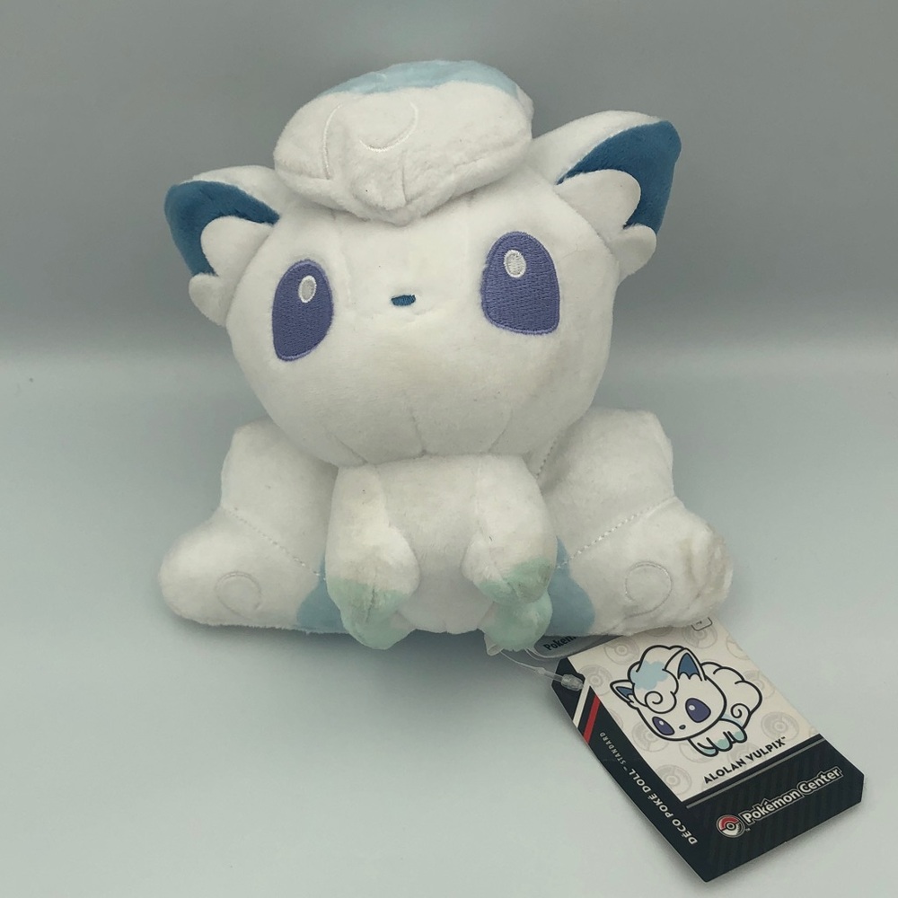 Pokemon Center Alolan Vulpix Plush - White and Blue Collectible with tags.